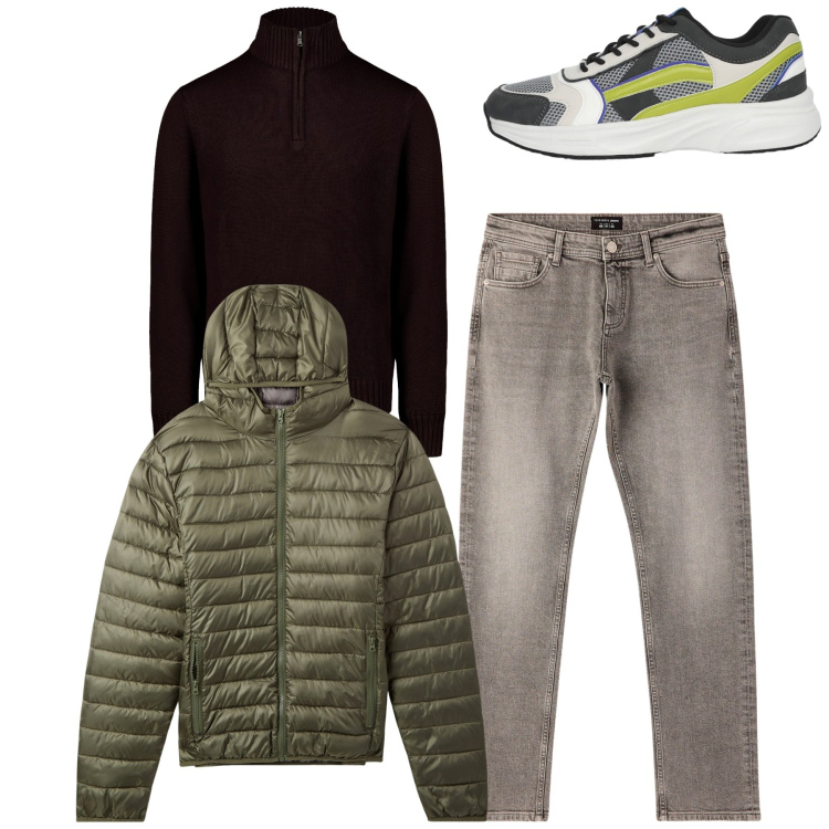 Outfit uomo - Total look. Stile Casual per Tutti i giorni. Abbinamento con jeans, sneakers, piumini, maglieria.