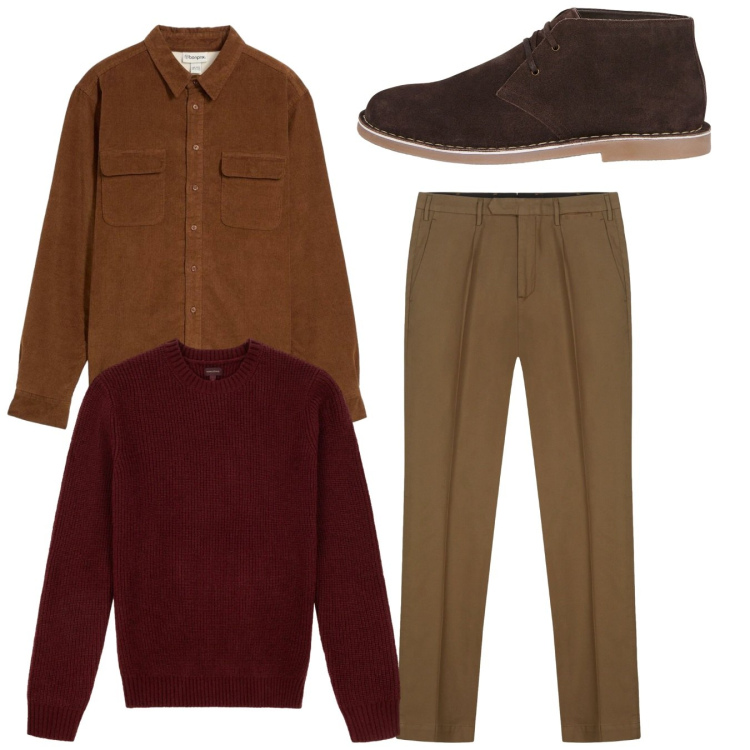 Outfit uomo - Total look. Stile Casual per Tutti i giorni. Abbinamento con camicie, stivali e stivaletti, pantaloni, maglieria.