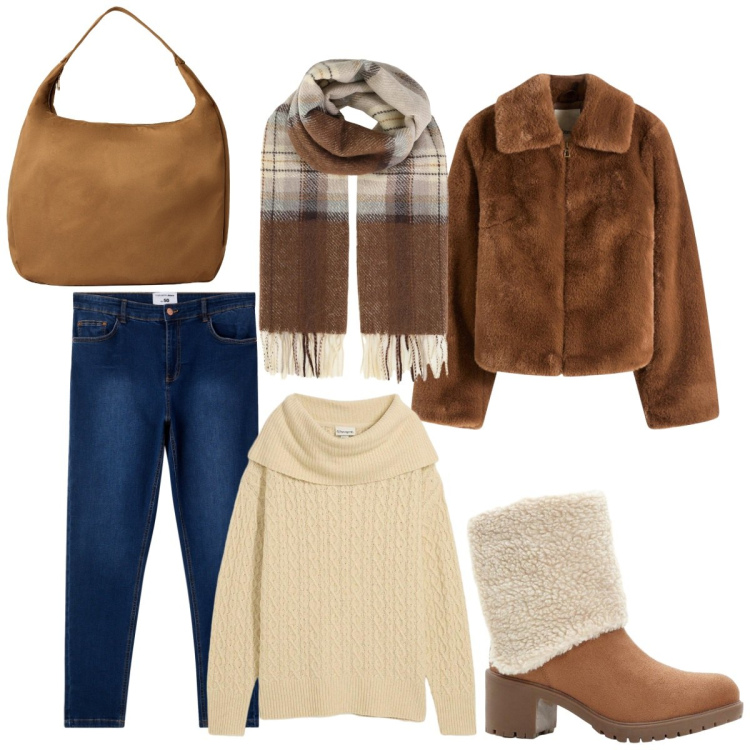 Outfit donna - Giornata invernale in curvy. Stile Casual per Tutti i giorni. Abbinamento con ecopellicce, maglieria, stivaletti, sciarpe, jeans skinny, borse a mano.