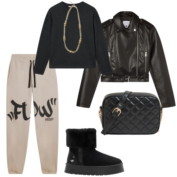 Outfit donna - Domenica. per Tutti i giorni. Abbinamento con stivaletti, borse a tracolla, giacche, maglieria, collane, pantaloni.