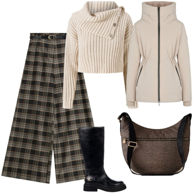 Outfit donna - Total look #2292249. Stile Casual chic per Ufficio. Abbinamento con maglieria, stivali sopra il ginocchio, pantaloni a palazzo, borse a spalla, eskimo.