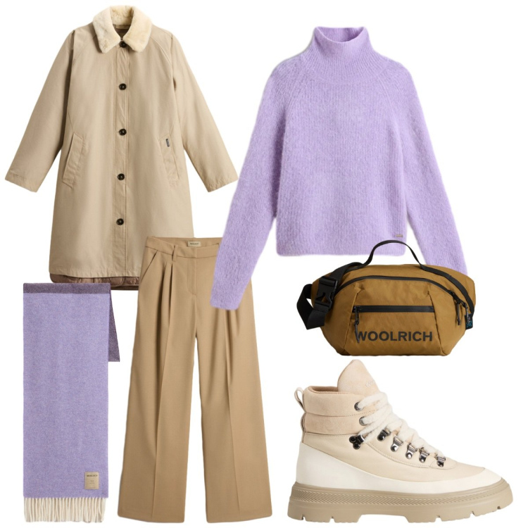 Outfit donna - Black Friday in beige e purple. Stile Casual chic per Scuola/Università. Abbinamento con pantaloni, sciarpe, maglieria, anfibi, borse a tracolla, cappotti.