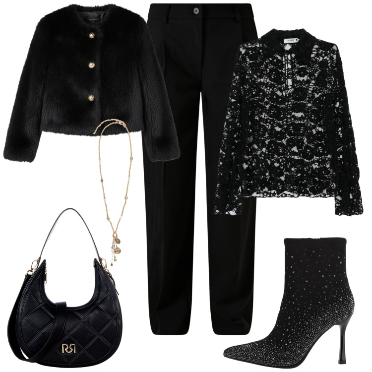 Outfit donna - Serata in total black. Stile Sexy per Serata fuori. Abbinamento con camicie, pantaloni, ecopellicce, borse a tracolla, stivaletti, ciondoli.