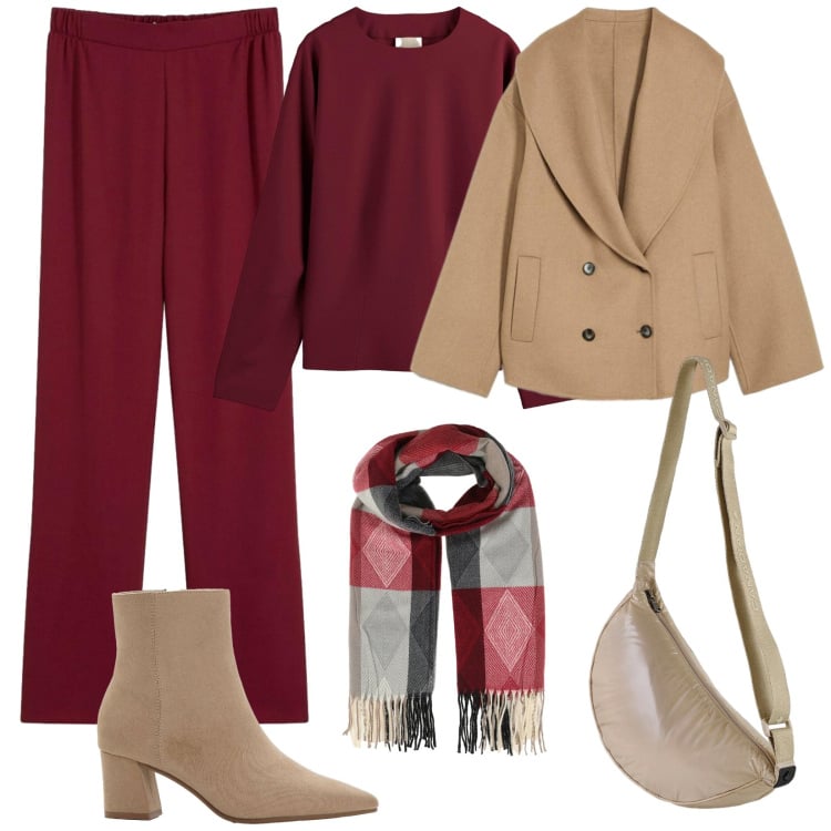Outfit donna - Colori d\'autunno. Stile Basic per Tutti i giorni. Abbinamento con pantaloni, blazer, maglieria, stivaletti, sciarpe, borse sportive.
