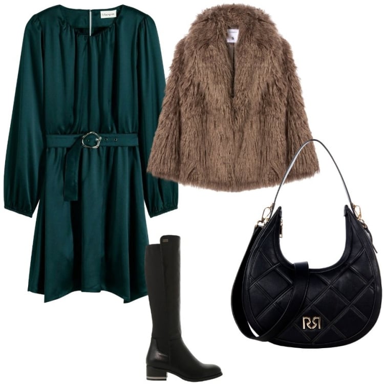 Outfit donna - Total look #2292256. Stile Chic per Serata fuori. Abbinamento con vestiti corti, ecopellicce, borse a tracolla, stivali sopra il ginocchio.