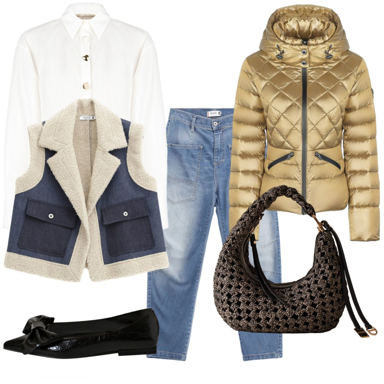 Outfit donna - In gold. Stile Urban per Tutti i giorni. Abbinamento con gilet, jeans, camicie, ballerine, borse a spalla, piumini.
