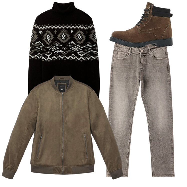 Outfit uomo - Total look. Stile Casual per Tutti i giorni. Abbinamento con stivali e stivaletti, maglieria, jeans, giacche.