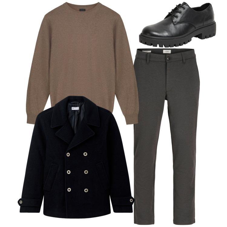 Outfit uomo - Total look. Stile Casual per Tutti i giorni. Abbinamento con pantaloni chino, cappotti, scarpe stringate, maglieria.