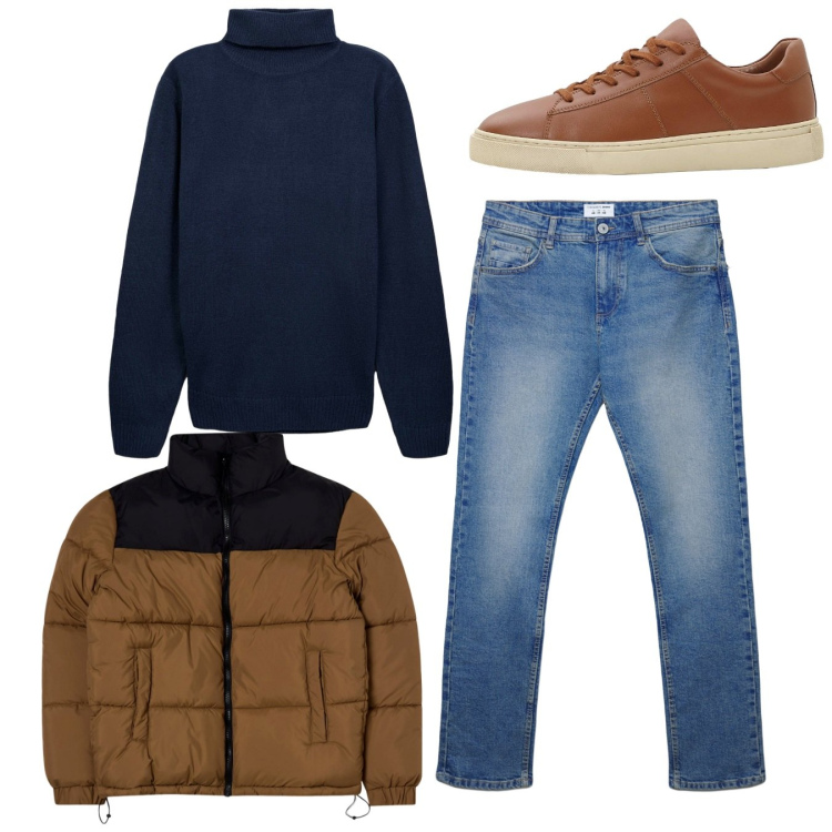 Outfit uomo - Total look. Stile Casual per Tutti i giorni. Abbinamento con sneakers, bomber, jeans dritti, maglieria.
