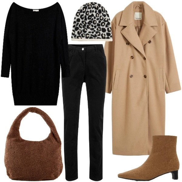 Outfit donna - cappellino animalier. Stile Basic per Tutti i giorni. Abbinamento con cappotti, pantaloni, stivaletti, berretti, shopping bag, vestiti asimmetrici.
