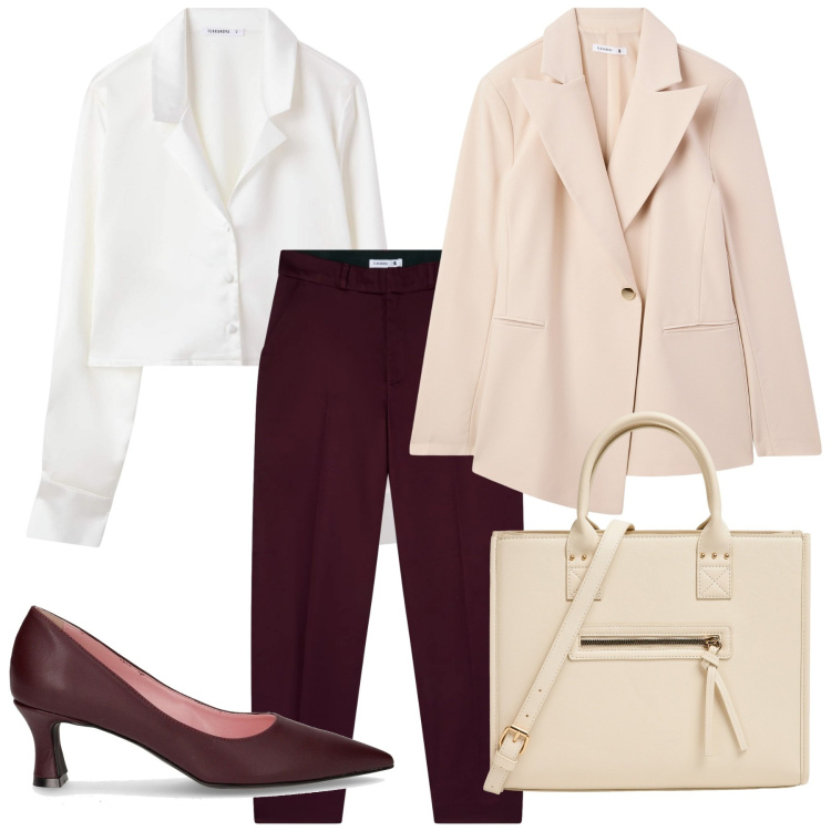 Outfit donna - Perfetta per l'ufficio. Stile Casual chic per Ufficio. Abbinamento con shopping bag, blazer, camicie, pantaloni chino, décolleté.