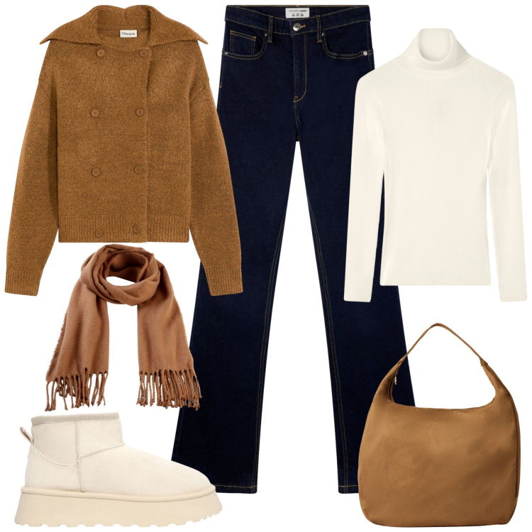 Outfit donna - Comfort day. Stile Casual chic per Tutti i giorni. Abbinamento con sciarpe, cardigans, jeans a zampa, borse a mano, maglieria, stivaletti.