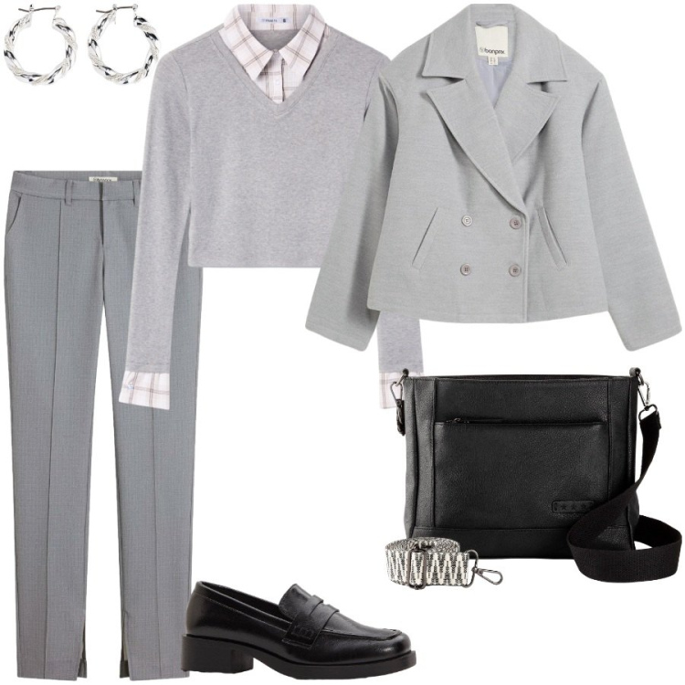 Outfit donna - Total look #2292265. Stile Casual chic per Scuola/Università. Abbinamento con pantaloni, orecchini, borse a tracolla, caban, mocassini, maglieria.