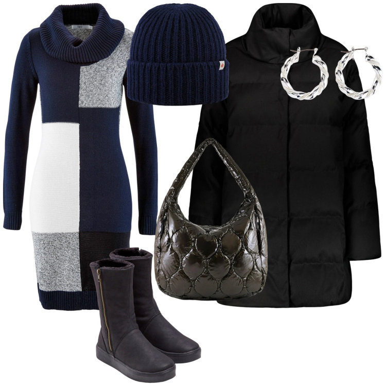 Outfit donna - In città. per Tutti i giorni. Abbinamento con vestiti midi/longuette, orecchini, stivali, borse tote, berretti, piumini.