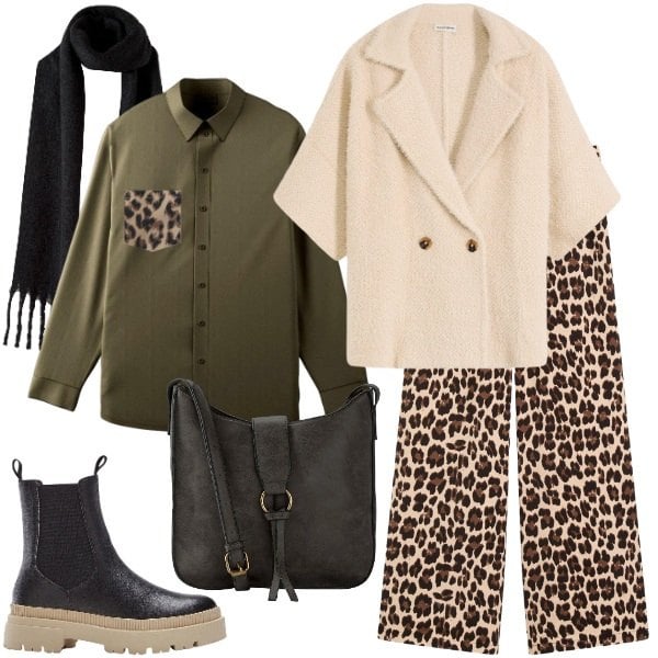 Outfit donna - animalier urbano. Stile Basic per Tutti i giorni. Abbinamento con cardigans, pantaloni a palazzo, stivaletti chelsea, camicie, borse a tracolla, sciarpe.