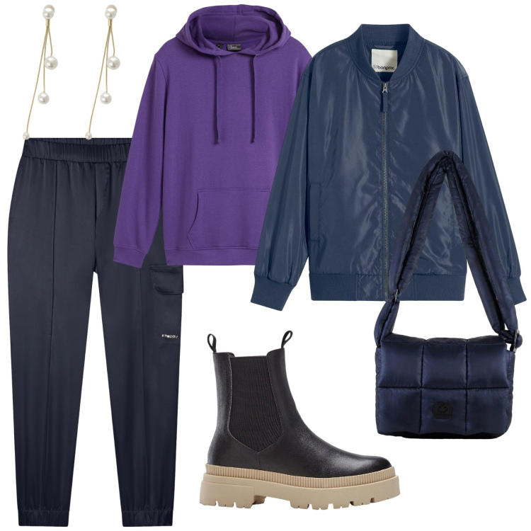 Outfit donna - Sportiva ma con garbo. per Tutti i giorni. Abbinamento con felpe con cappuccio, bomber, stivaletti chelsea, orecchini, pantaloni cargo, borse a spalla.