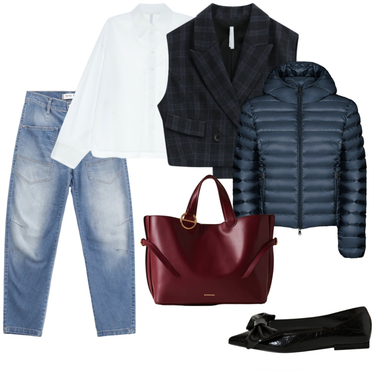 Outfit donna - Così a lavoro. per Ufficio. Abbinamento con jeans, ballerine, camicie, gilet, shopping bag, bomber.