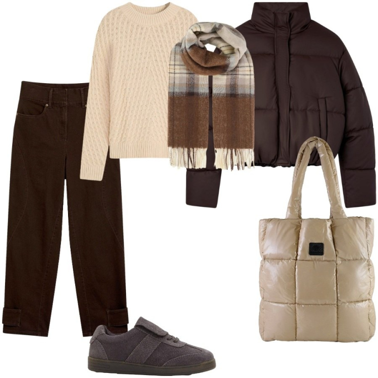 Outfit donna - Total look #2292272. Stile Casual chic per Scuola/Università. Abbinamento con pantaloni, sneakers, maglieria, sciarpe, bomber, shopping bag.