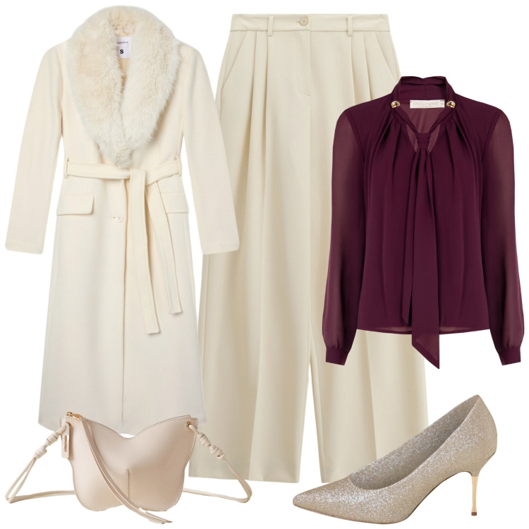 Outfit donna - Battesimo a Novembre. Stile Chic per Cerimonia. Abbinamento con décolleté, bluse, cappotti, pantaloni a palazzo, borse a tracolla.