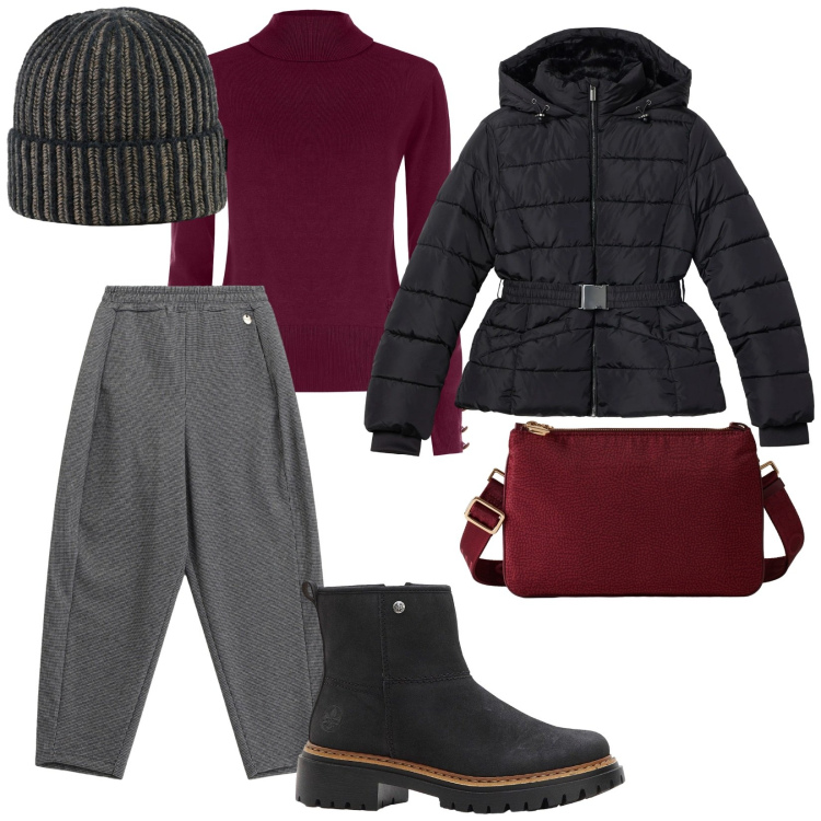 Outfit donna - Il pull bordeaux. per Tutti i giorni. Abbinamento con stivaletti, piumini, pullovers, pantaloni, borse a tracolla, berretti.