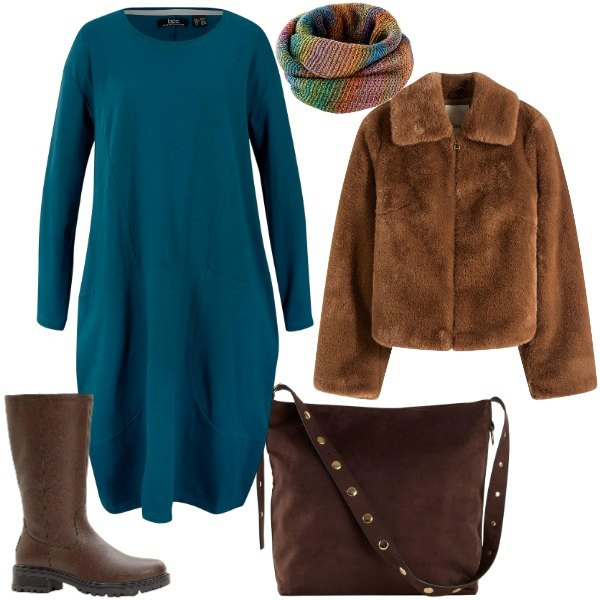 Outfit donna - la sciarpa fa il look. Stile Minimal per Tutti i giorni. Abbinamento con ecopellicce, stivali, foulard, shopping bag, vestiti.