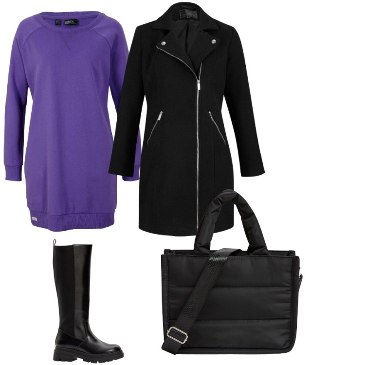 Outfit donna - Total look #2292277. Stile Casual chic per Tutti i giorni. Abbinamento con vestiti, stivali, cappotti, shopping bag.