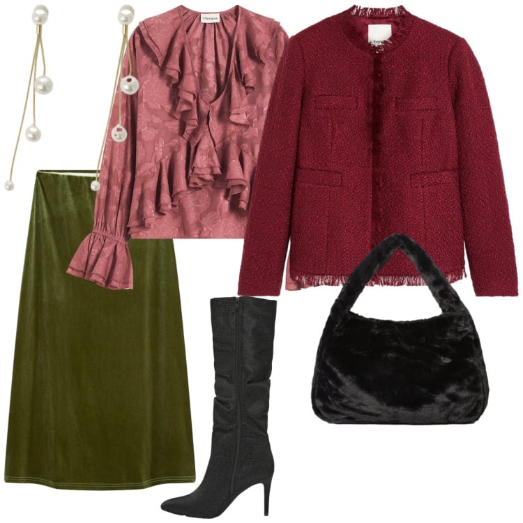 Outfit donna - Romantica. per Serata fuori. Abbinamento con cappotti, gonne longuette, bluse, stivali, orecchini, borse a spalla.