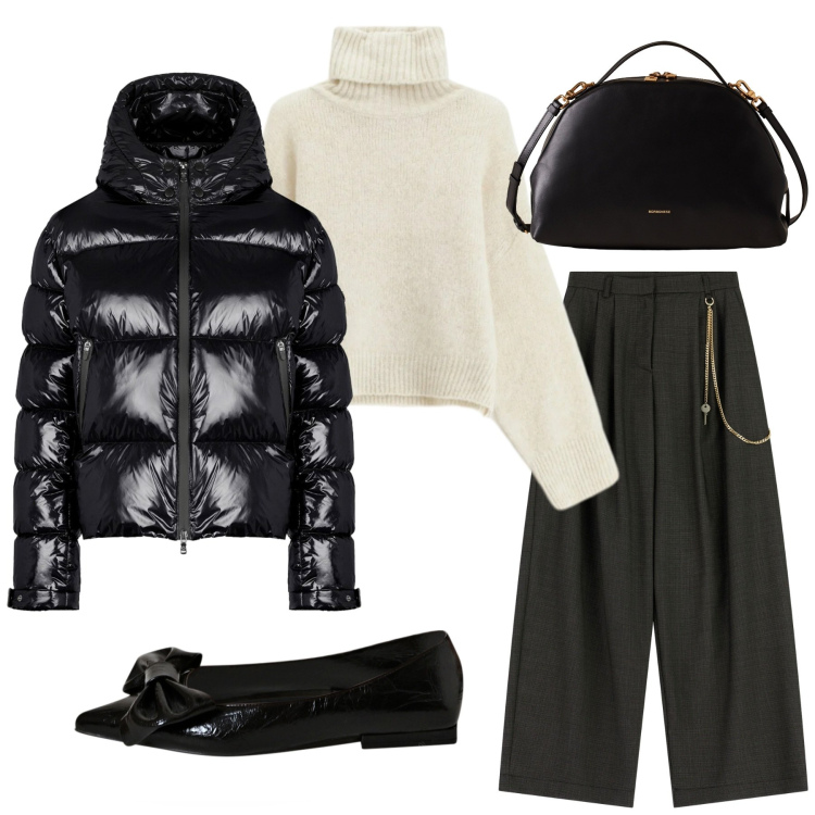 Outfit donna - Total look #2292281. Stile Romantica per Ufficio. Abbinamento con ballerine, pantaloni a palazzo, maglieria, borse a mano, piumini.