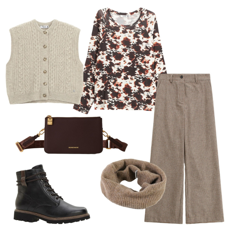 Outfit donna - Total look #2292283. Stile Casual chic per Tutti i giorni. Abbinamento con stivaletti, gilet, pantaloni a palazzo, maglieria, borse a tracolla, scaldacollo.
