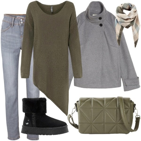 Outfit donna - il maglione asimmetrico. Stile Urban per Tutti i giorni. Abbinamento con maglieria, blazer, jeans slim fit, borse a tracolla, sciarpe, stivaletti.