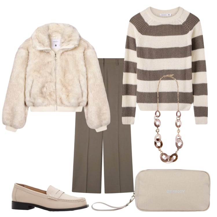 Outfit donna - Total look #2292285. Stile Casual chic per Ufficio. Abbinamento con mocassini, pantaloni a palazzo, maglieria, ecopellicce, valigie, collane.