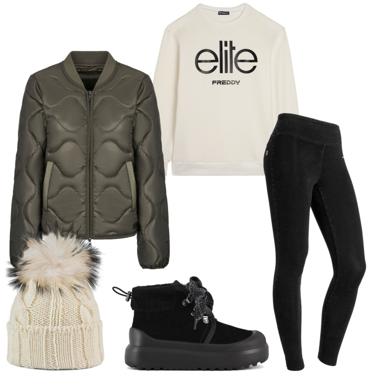 Outfit donna - Sporty-chic autunnale. Stile Sporty chic per Tutti i giorni. Abbinamento con jeggings, felpe, blazer, berretti, stivali.