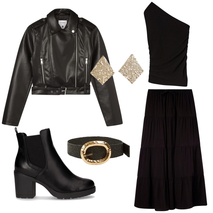 Outfit donna - Rock black evening. Stile Rock per Serata fuori. look ideale per Tall. Abbinamento con gonne lunghe, orecchini, cinture, giacche, top, stivaletti chelsea.