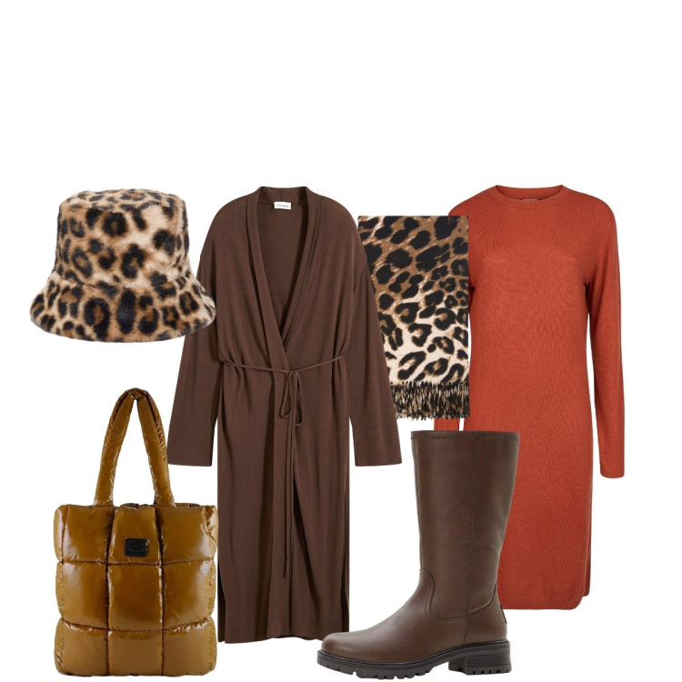 Outfit donna - Un tocco animalier. Stile Glamour per Tutti i giorni. Abbinamento con stivali, cappotti, shopping bag, vestiti midi/longuette, cappelli, sciarpe.