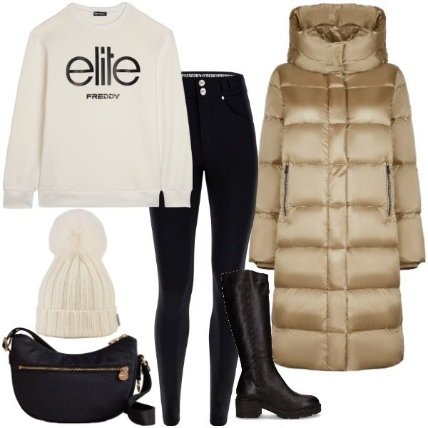 Outfit donna - se piove e fa freddo. Stile Urban per Tutti i giorni. Abbinamento con borse a tracolla, felpe, pantaloni skinny, cappotti, berretti, stivali.