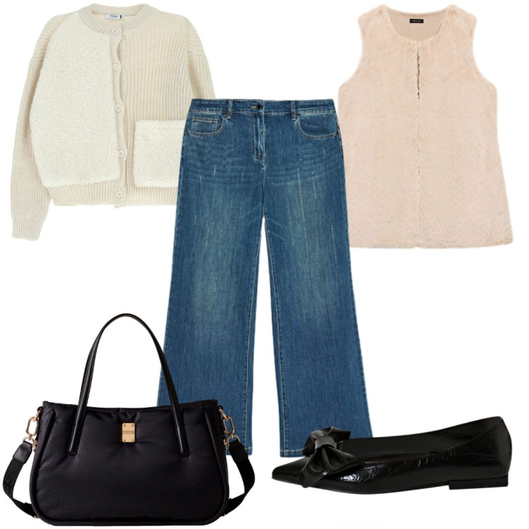 Outfit donna - Total look #2292295. Stile Casual per Tutti i giorni. Abbinamento con cardigans, ballerine, shopping bag, maglieria, jeans dritti.
