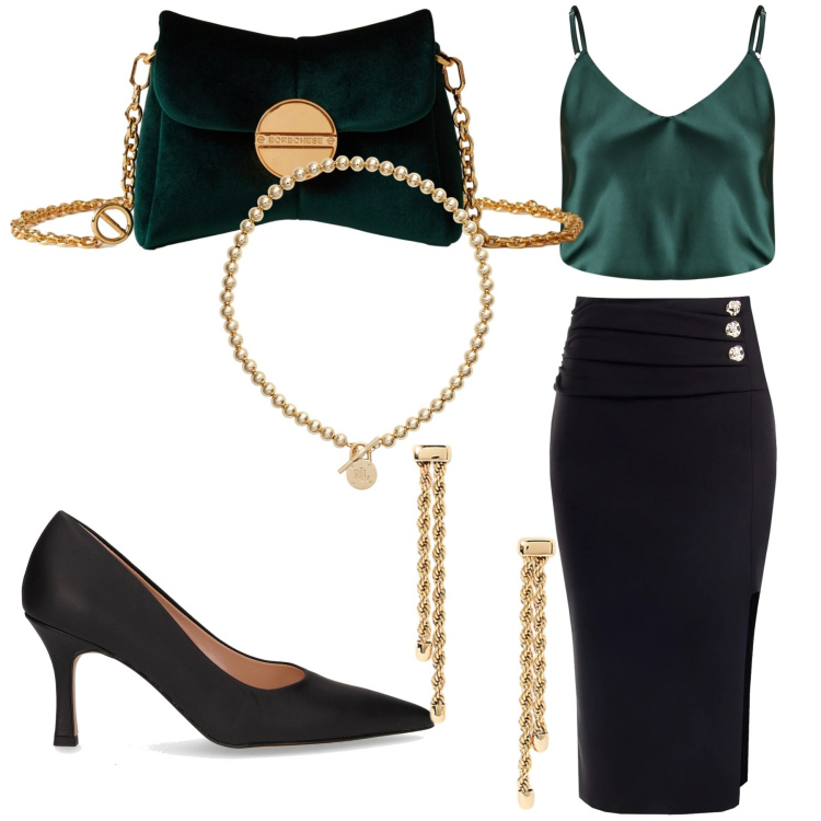 Outfit donna - Eleganza smeraldo. Stile Rock per Serata fuori. Abbinamento con top, gonne, borse a tracolla, collane, orecchini, décolleté.