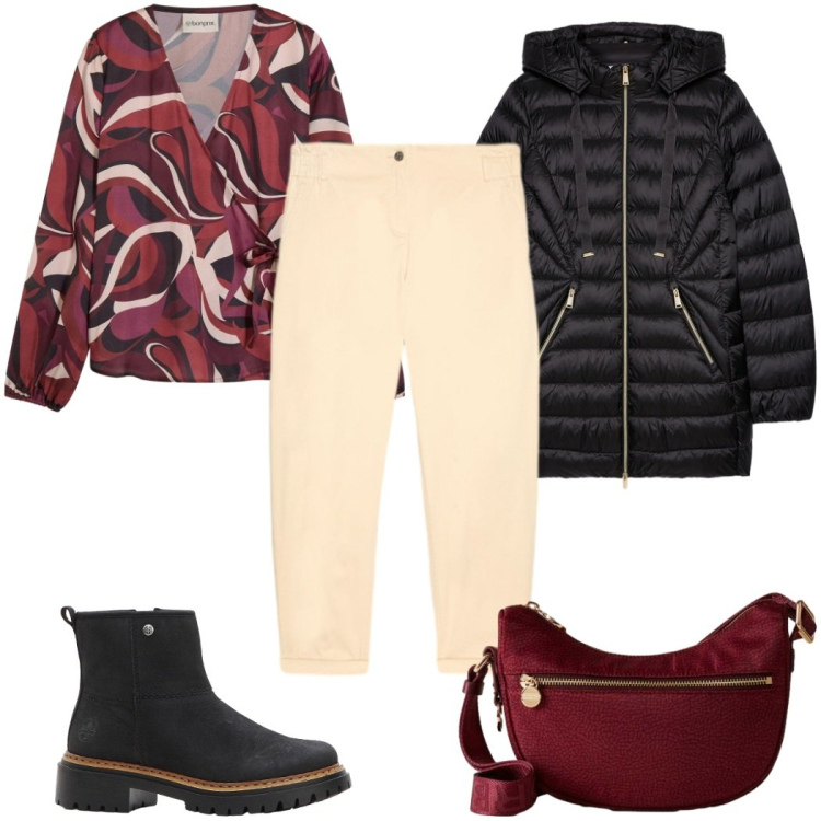 Outfit donna - Total look #2292297. Stile Trendy per Tutti i giorni. Abbinamento con camicie, stivaletti, borse a tracolla, piumini, pantaloni.