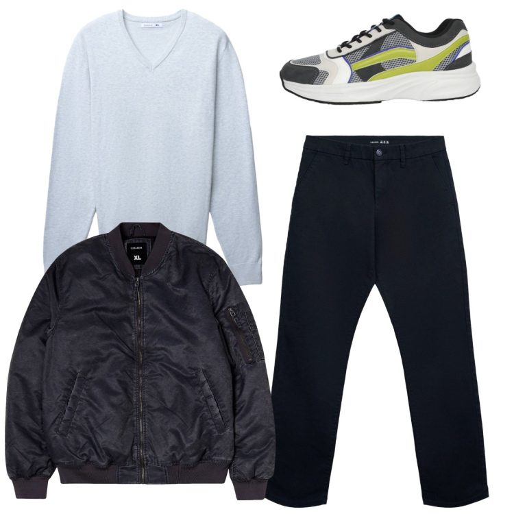 Outfit uomo - Total look. Stile Casual per Tutti i giorni. Abbinamento con bomber, maglieria, pantaloni chino, sneakers.