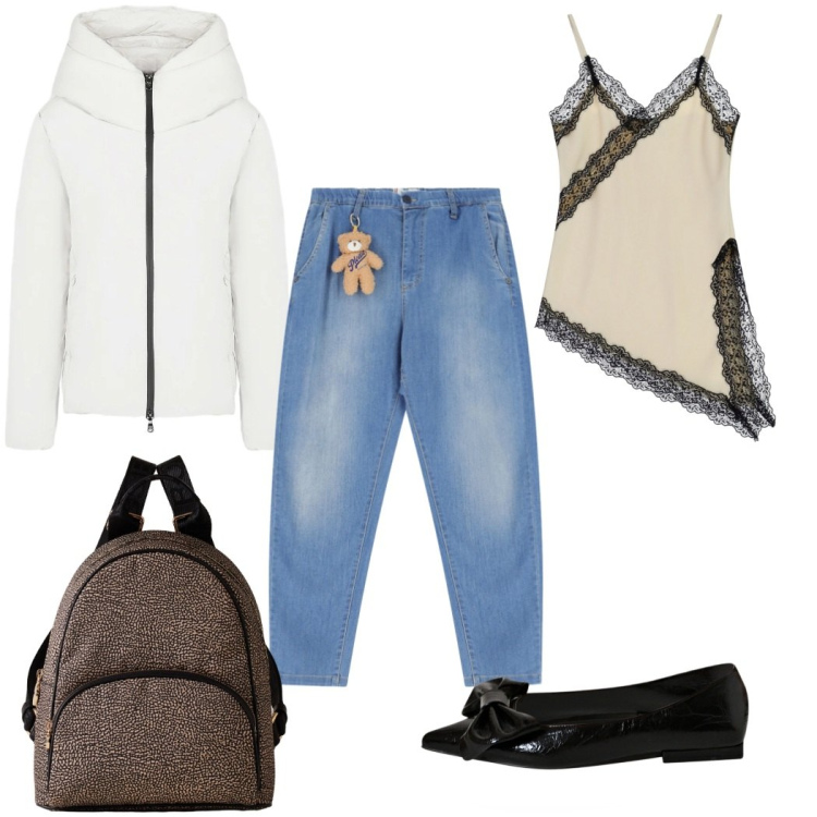 Outfit donna - Total look #2292300. Stile Sporty chic per Tutti i giorni. Abbinamento con jeans, ballerine, top, zaini, blazer.