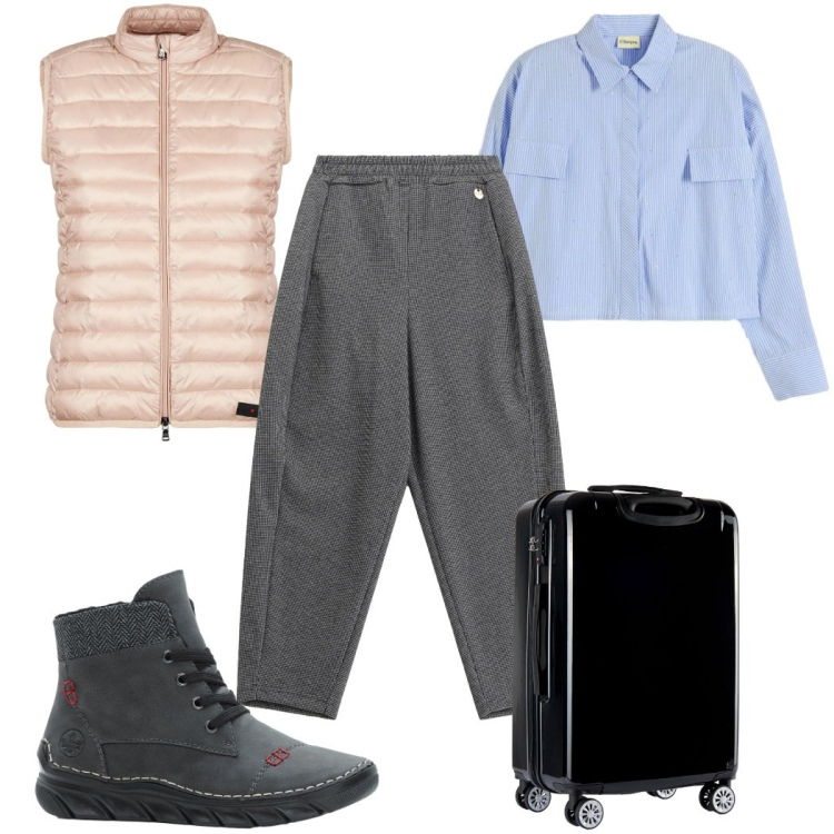 Outfit donna - Total look #2292301. Stile Trendy per Tutti i giorni. Abbinamento con stivaletti, bluse, pantaloni, valigie, piumini.