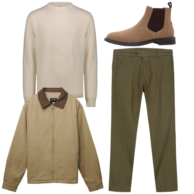 Outfit uomo - Total look. Stile Casual per Tutti i giorni. Abbinamento con stivali e stivaletti, cappotti, pantaloni chino, maglieria.