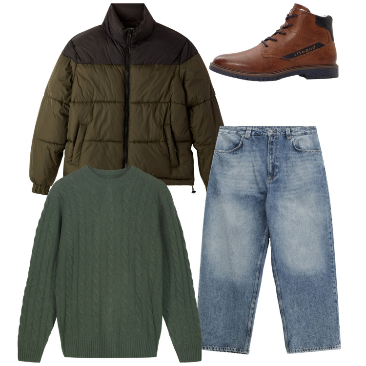 Outfit uomo - Total look. Stile Casual per Tutti i giorni. Abbinamento con anfibi, bomber, jeans, maglieria.