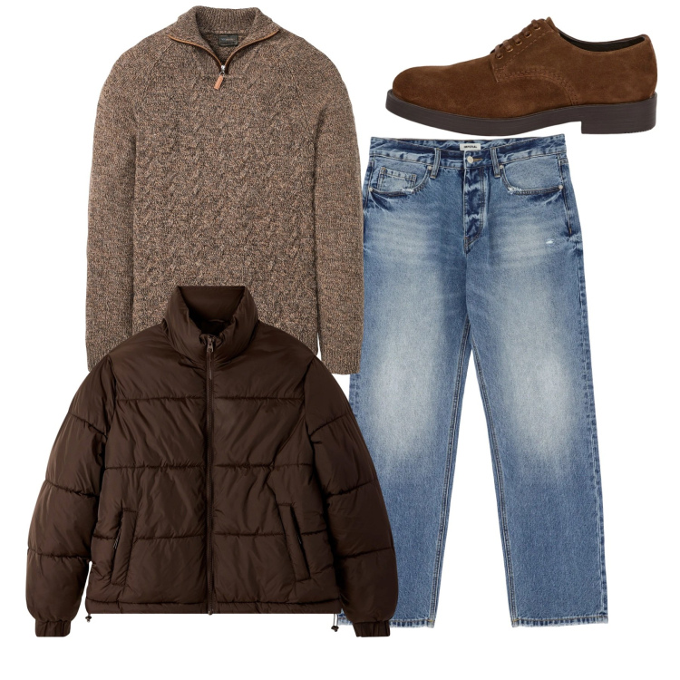 Outfit uomo - Total look. Stile Casual per Tutti i giorni. Abbinamento con maglieria, bomber, jeans, scarpe stringate.