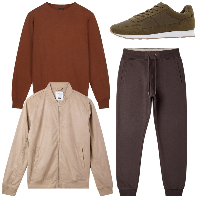 Outfit uomo - Total look. Stile Casual per Tutti i giorni. Abbinamento con sneakers, bomber, pantaloni, maglieria.