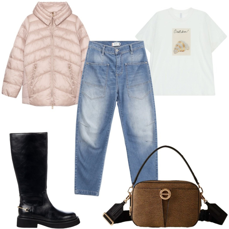 Outfit donna - Total look #2292308. Stile Trendy per Tutti i giorni. Abbinamento con jeans, stivali sopra il ginocchio, t-shirt, borse a tracolla, piumini.