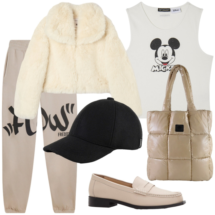 Outfit donna - Oggi mi sento così. Stile Casual chic per Tutti i giorni. Abbinamento con mocassini, ecopellicce, canottiere, pantaloni, shopping bag, cappelli.