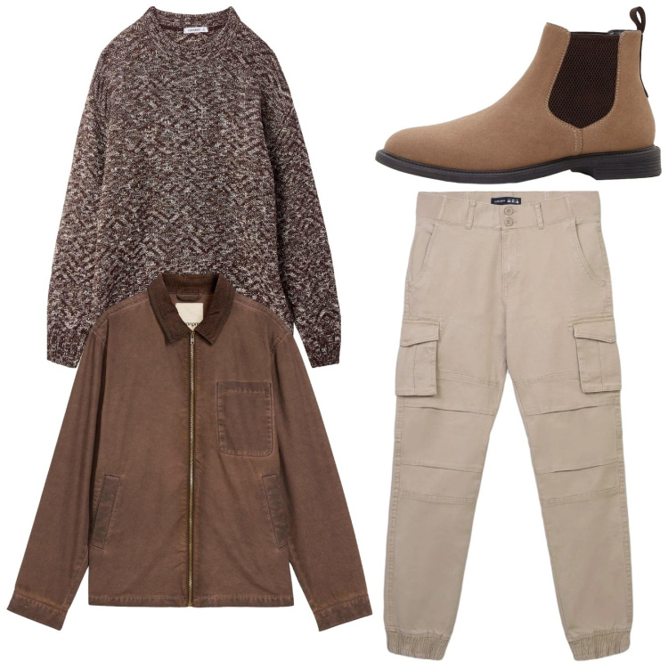 Outfit uomo - Melange e cargo. Stile Casual per Tutti i giorni. Abbinamento con giacche, stivali e stivaletti, pantaloni cargo, maglieria.