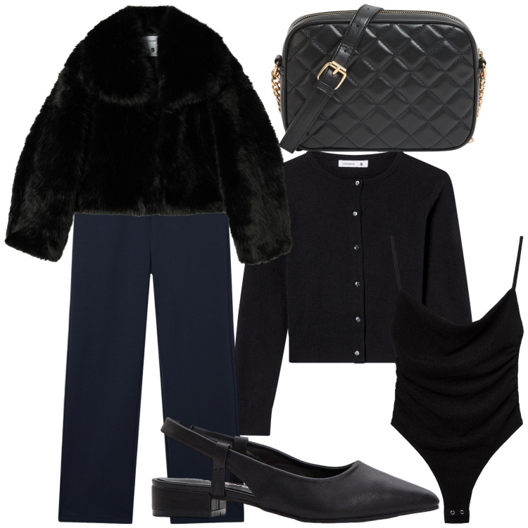 Outfit donna - All black. Stile Urban per Tutti i giorni. Abbinamento con décolleté, cardigans, borse a tracolla, body, ecopellicce, pantaloni.