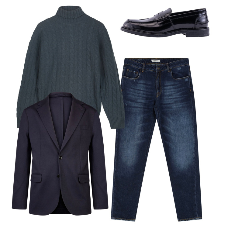 Outfit uomo - Total look. Stile Casual per Tutti i giorni. Abbinamento con jeans dritti, giacche, scarpe stringate, maglieria.